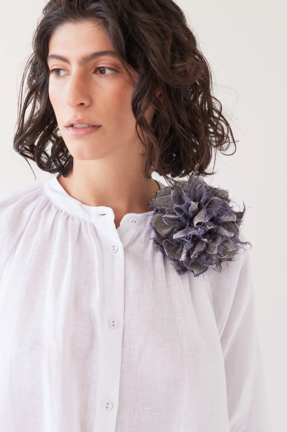 Fabric Flower Brooch - Dusty Denim Linen
