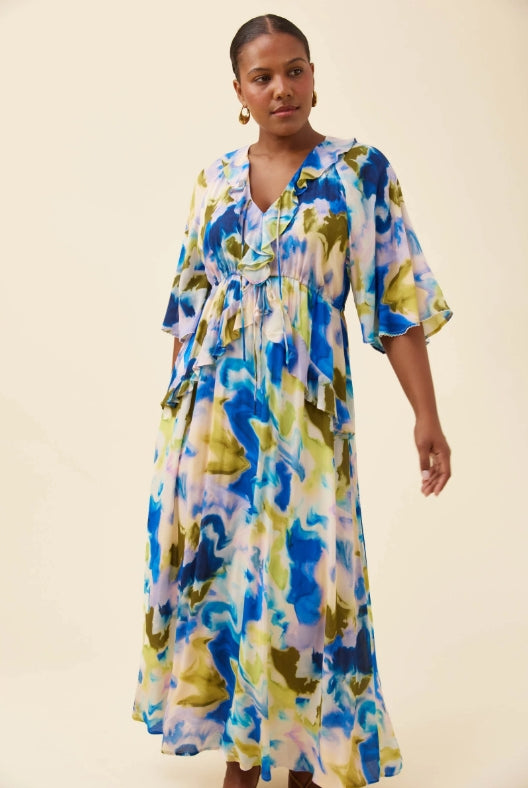 Frida Frill Maxi Dress - Watercolour
