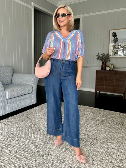 Laguna Stripe Print Top - Denim Multi