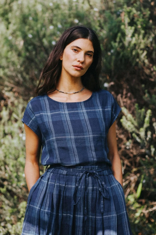 Mirella Blue Check Linen Top