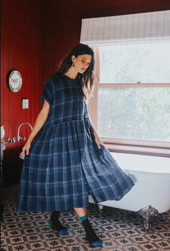 Juliette Blue Check Button Up Linen Dress