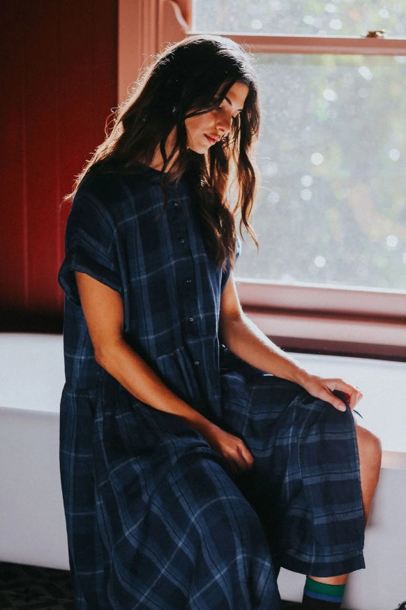 Juliette Blue Check Button Up Linen Dress