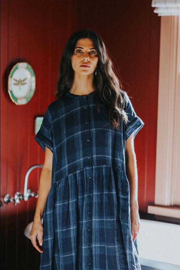 Juliette Blue Check Button Up Linen Dress