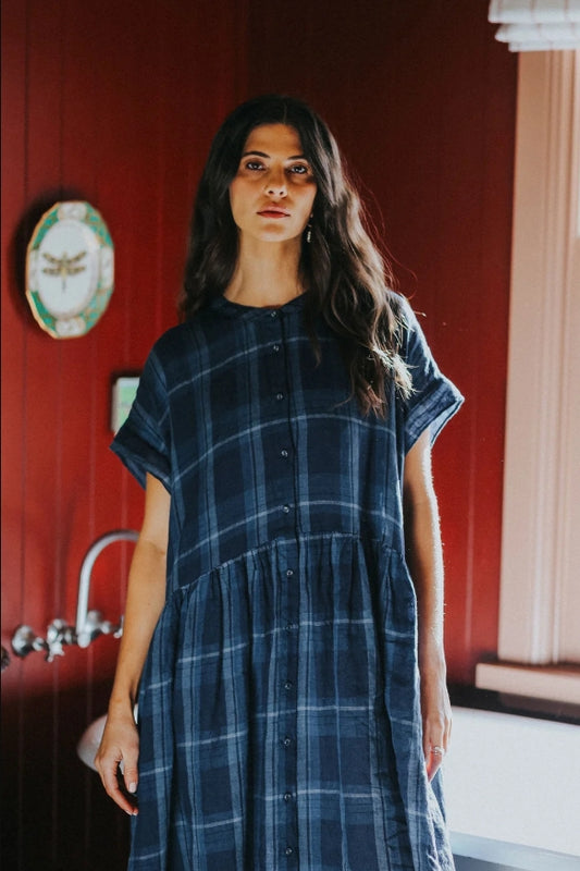 Juliette Blue Check Button Up Linen Dress