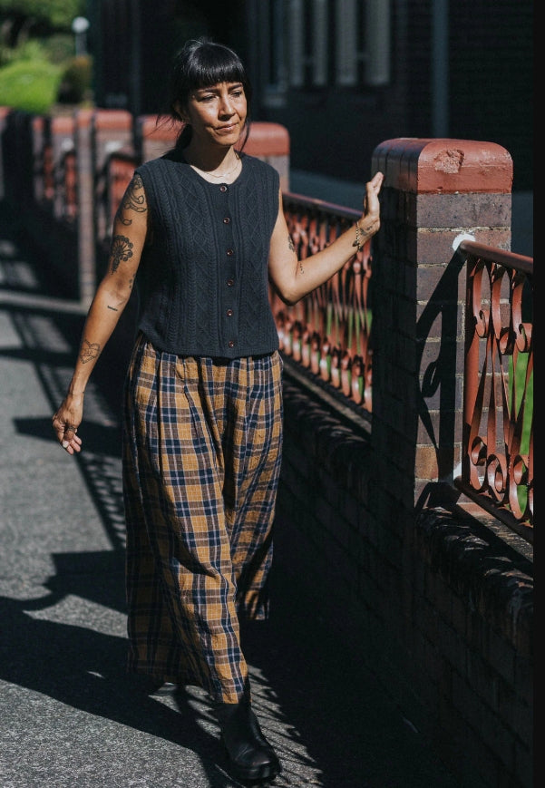 French Linen Culottes in Blue Tweed Check