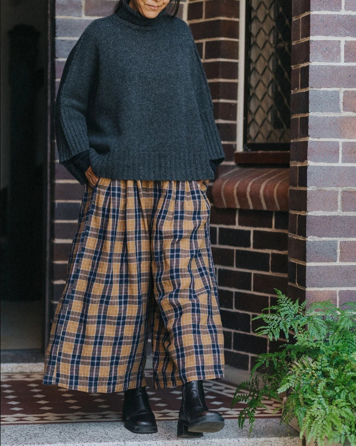French Linen Culottes in Blue Tweed Check