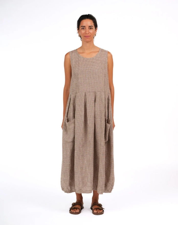 Sartene French Linen Dress in Tiny Brown Gingham