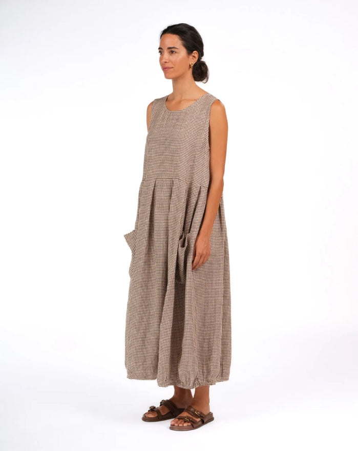 Sartene French Linen Dress in Tiny Brown Gingham