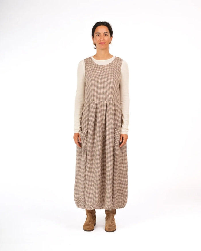 Sartene French Linen Dress in Tiny Brown Gingham