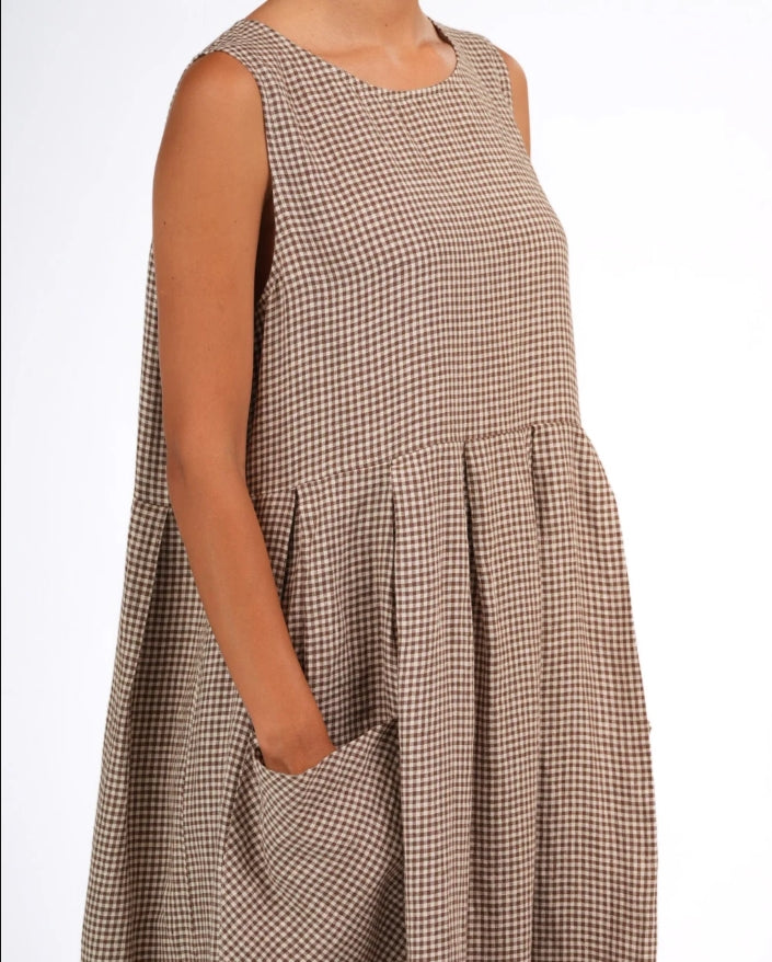 Sartene French Linen Dress in Tiny Brown Gingham