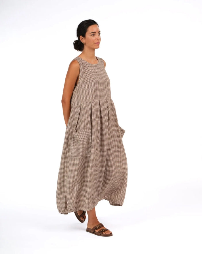 Sartene French Linen Dress in Tiny Brown Gingham