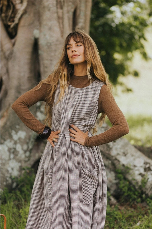 Sartene French Linen Dress in Tiny Brown Gingham