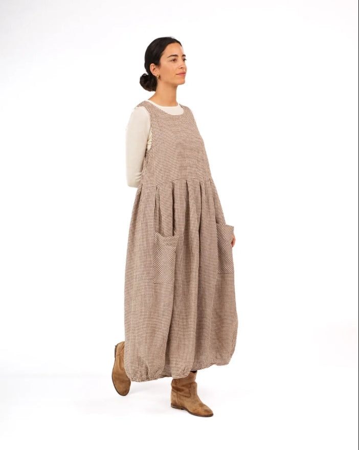 Sartene French Linen Dress in Tiny Brown Gingham
