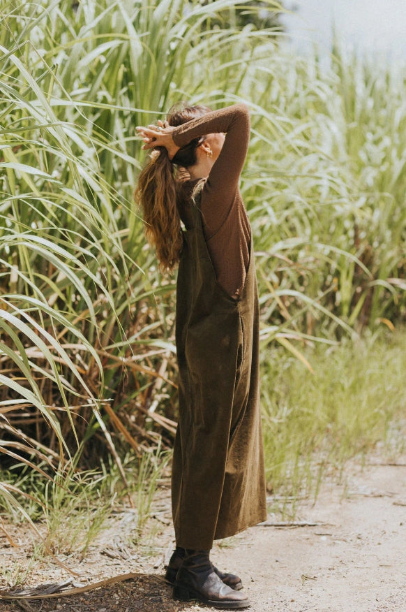 Corduroy Midi Overall Dress- Olive