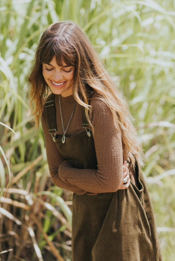 Corduroy Midi Overall Dress- Olive