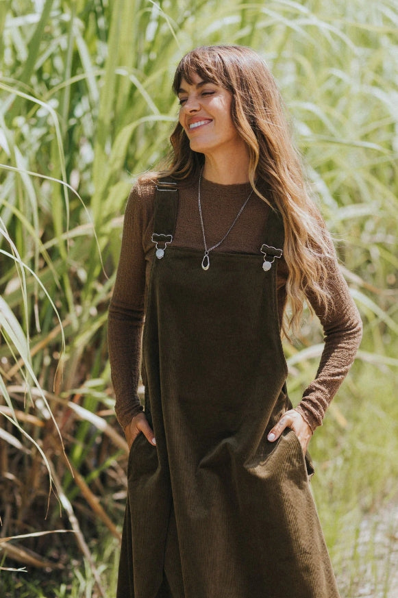 Corduroy Midi Overall Dress- Olive