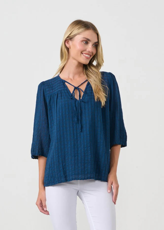 Seersucker Shirt with Tie - Navy