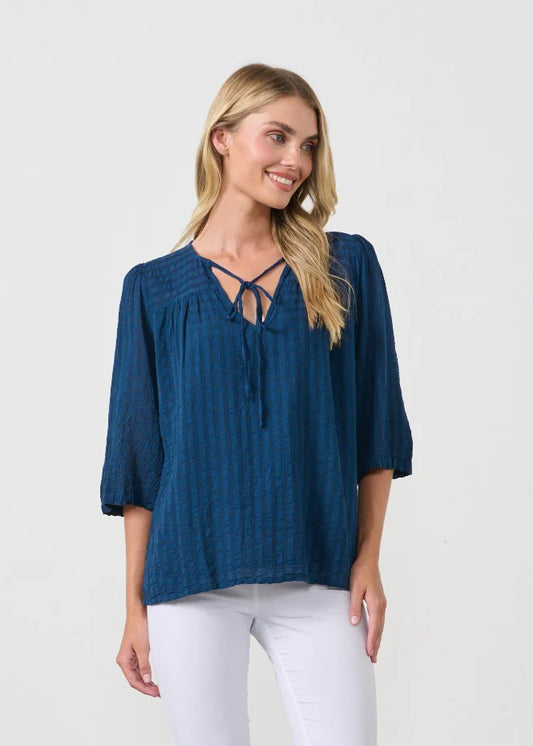 Seersucker Shirt with Tie - Navy