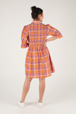 Shirred Bodice Dress - Orange Check