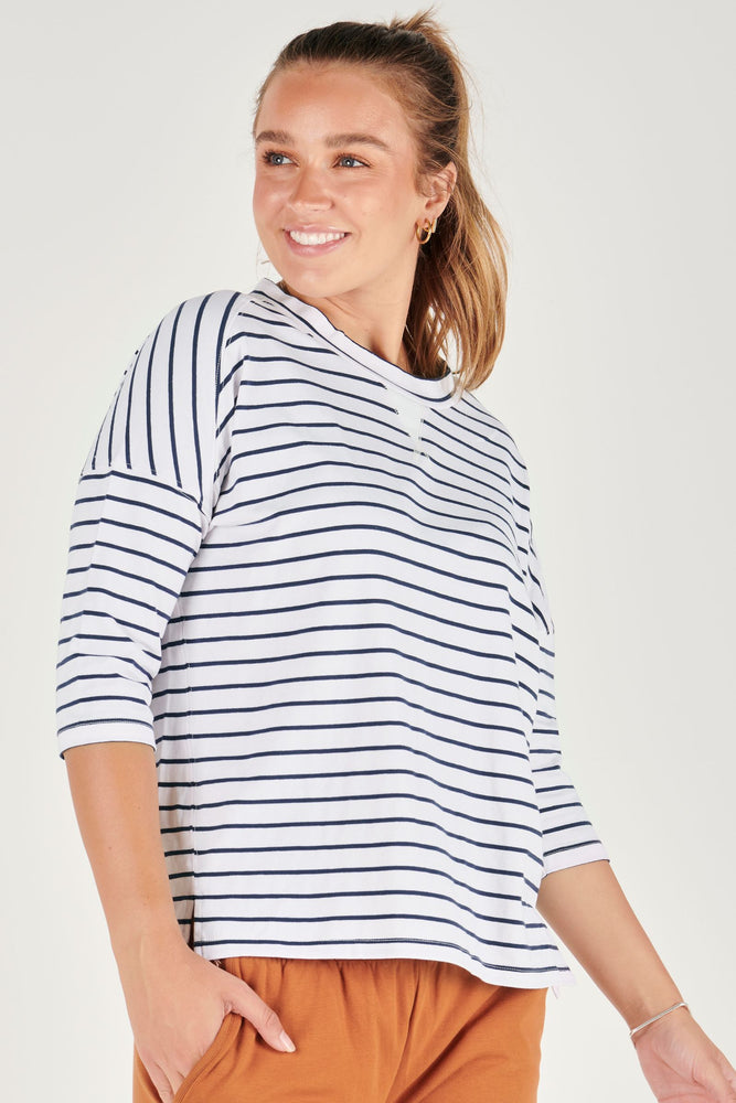 Matilda 3/4 Sleeve Tee - Navy White Stripe