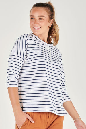 Matilda 3/4 Sleeve Tee - Navy White Stripe
