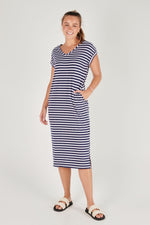Side Split Maxi Dress - Navy/White Stripe