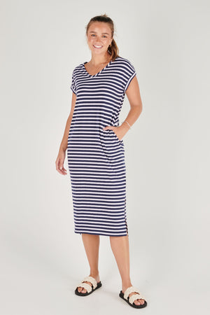 
            
                Load image into Gallery viewer, Side Split Maxi Dress - Navy/White Stripe
            
        