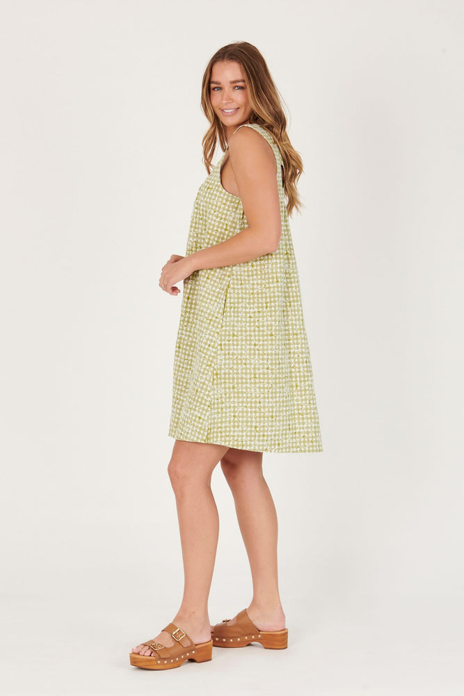 Cross Back Detail Dress - Green Floral Check