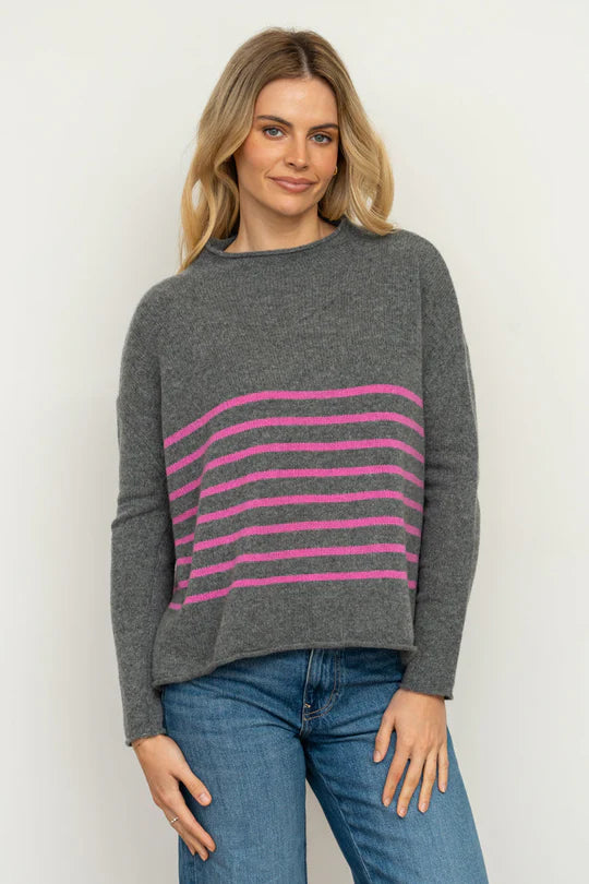 Smith Crew Knit- Charcoal/Hot Pink