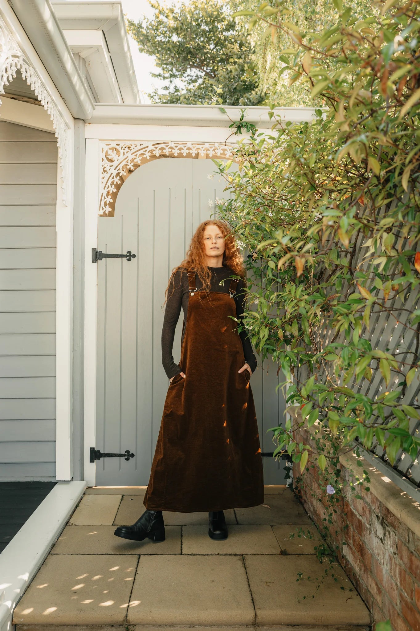 Corduroy Midi Overall Dress- Tobacco