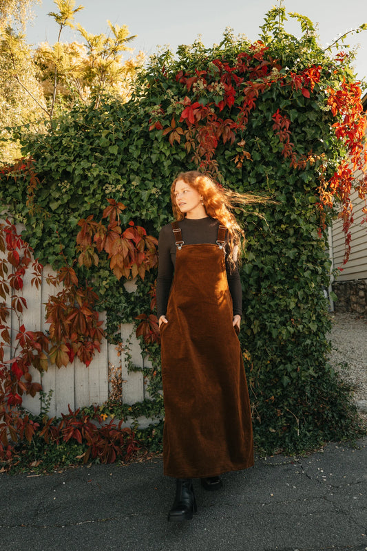 Corduroy Midi Overall Dress- Tobacco