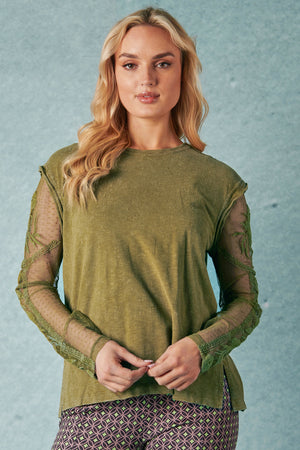 Lace Sleeve Top - Olive